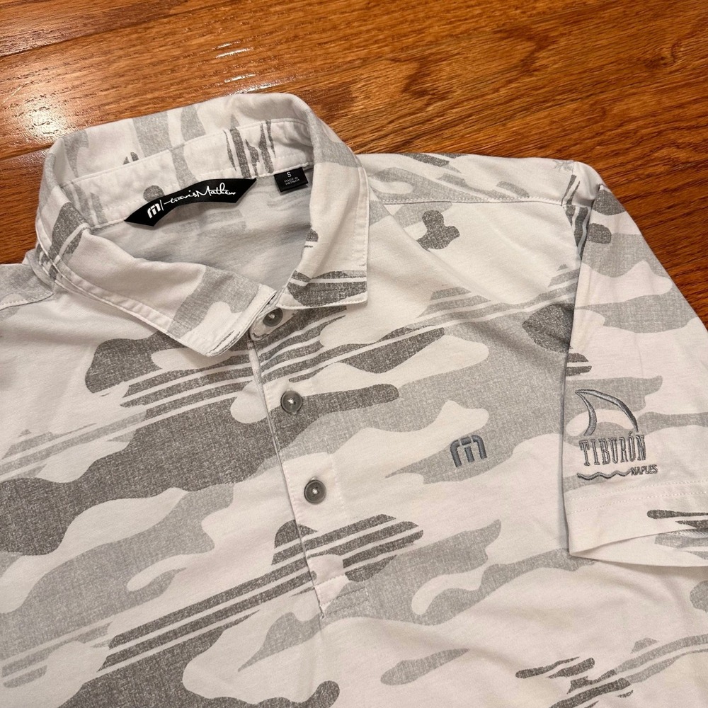 Travis Mathew Tiburon Naples Golf Club Polo Shirt Mens Small White Camo AOP